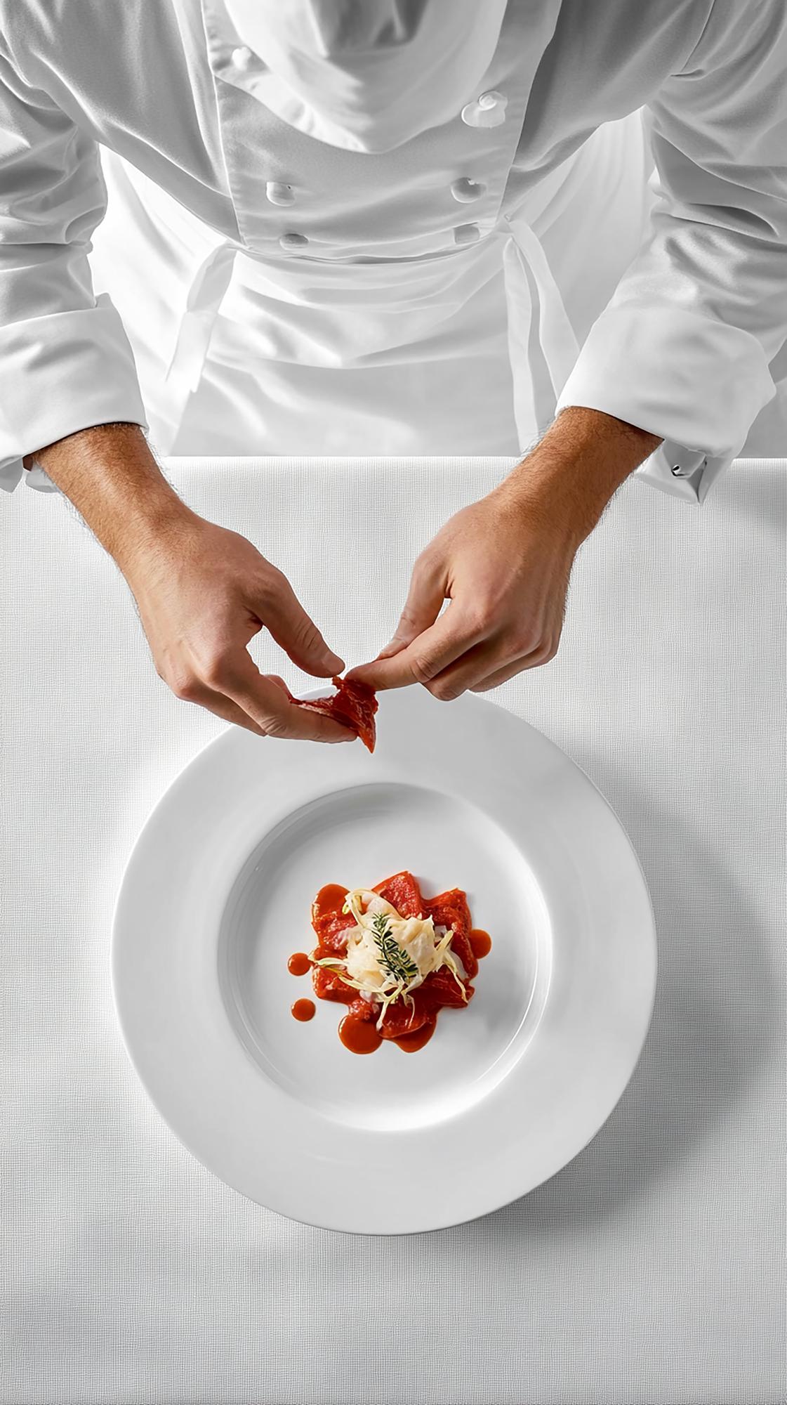 Chef preparing plated dish in premium kitchen